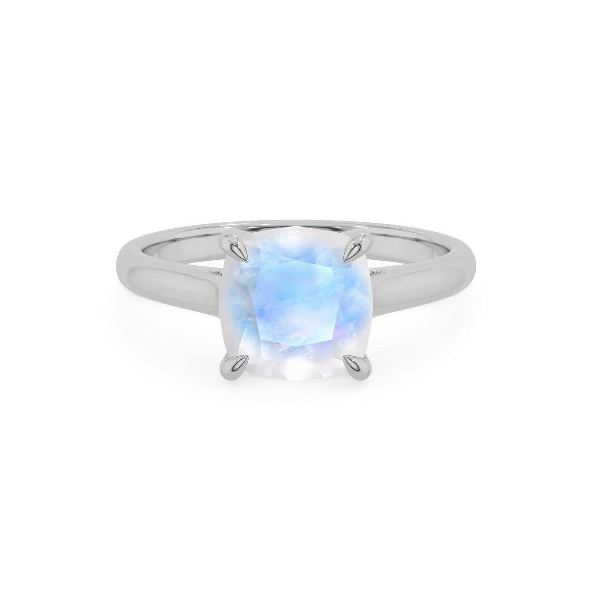 natural rainbow-moonstone cushion solitaire rings in platinum 