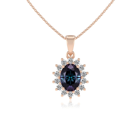 lab grown alexandrite oval halo necklaces in rose gold 