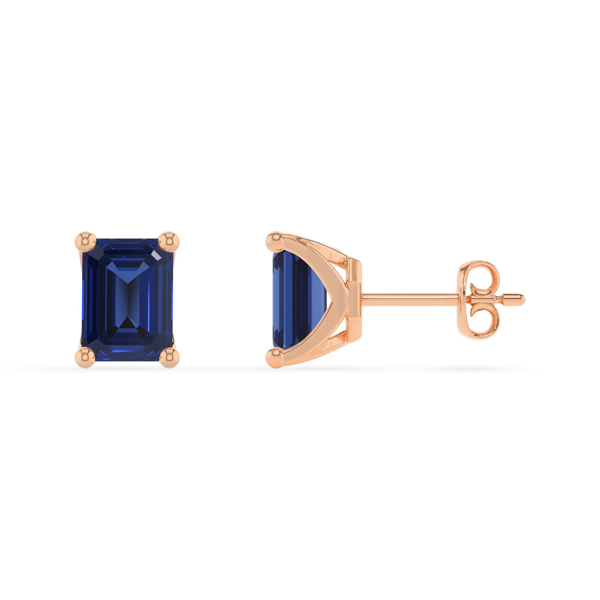 lab grown blue sapphire emerald cut stud earrings in rose gold 
