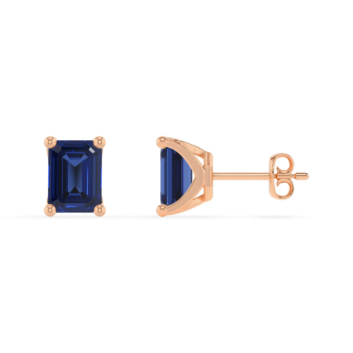 lab grown blue sapphire emerald cut stud earrings in rose gold 