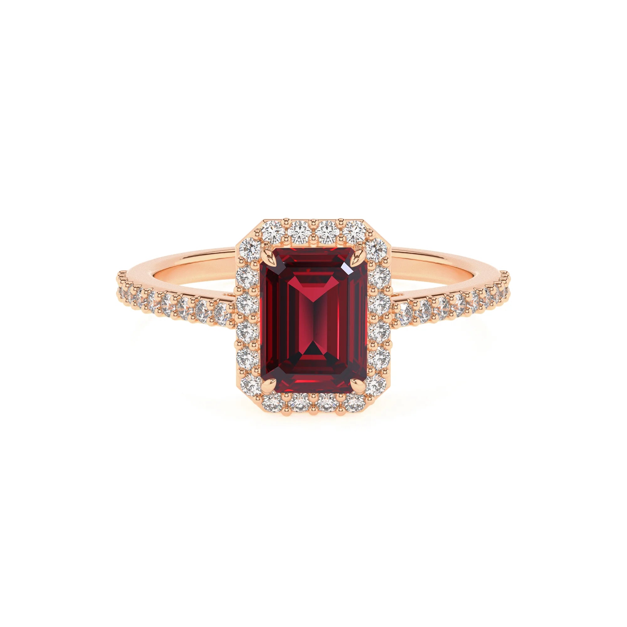 lab grown ruby emerald cut solitaire rings in rose gold 