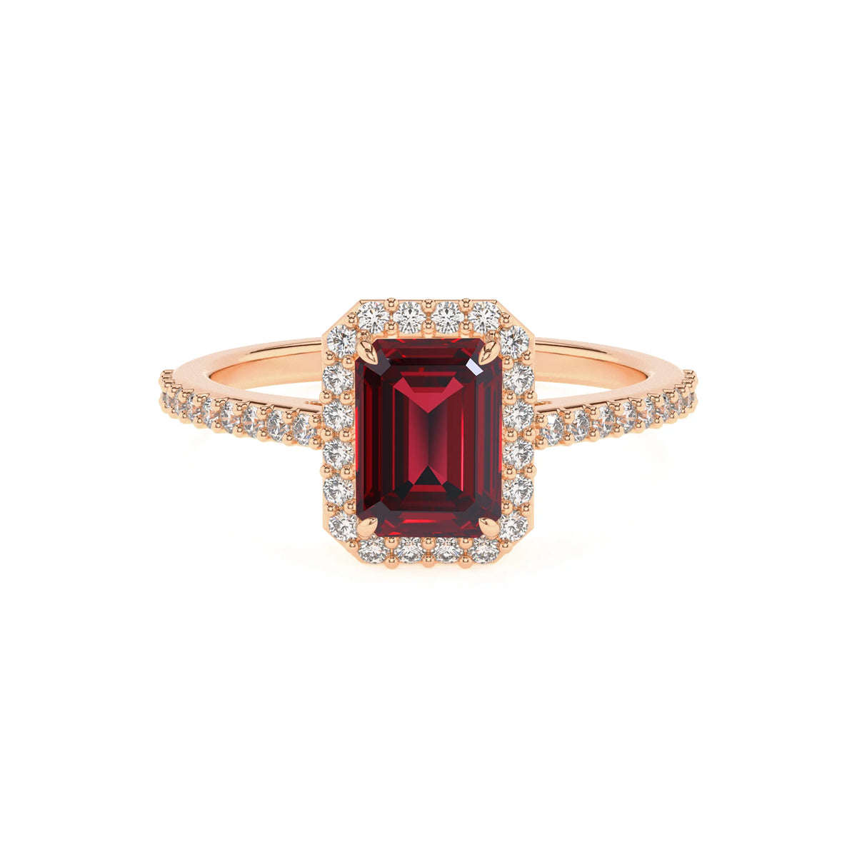 lab grown ruby emerald cut solitaire rings in rose gold 
