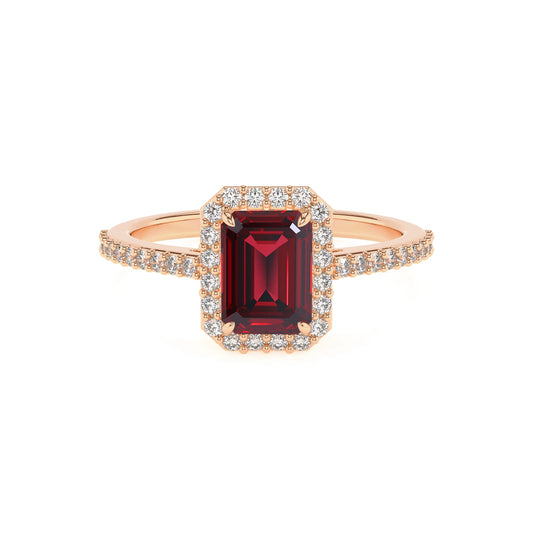 lab grown ruby emerald cut solitaire rings in rose gold 