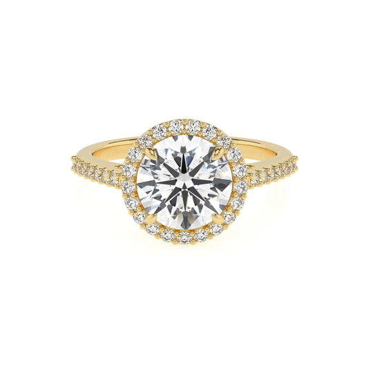lab grown moissanite round solitaire rings in yellow gold 
