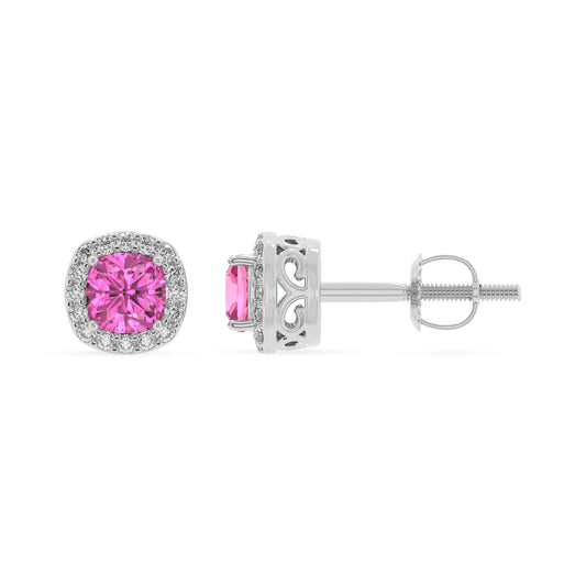 lab grown pink sapphire cushion stud earrings in platinum 