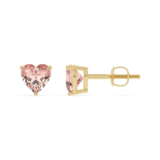 lab grown morganite heart stud earrings in yellow gold 