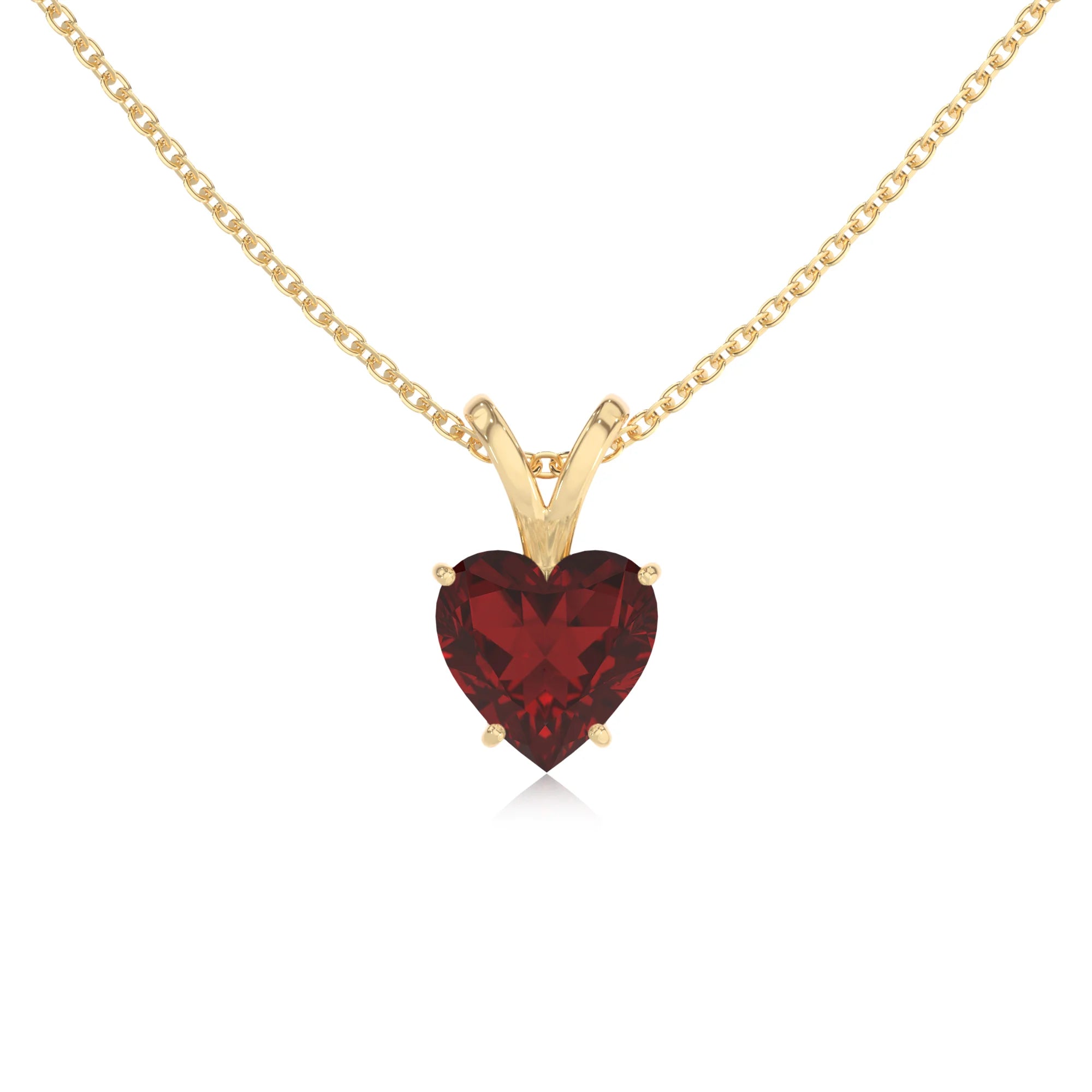 natural garnet heart solitaire v-bale necklaces in yellow gold 