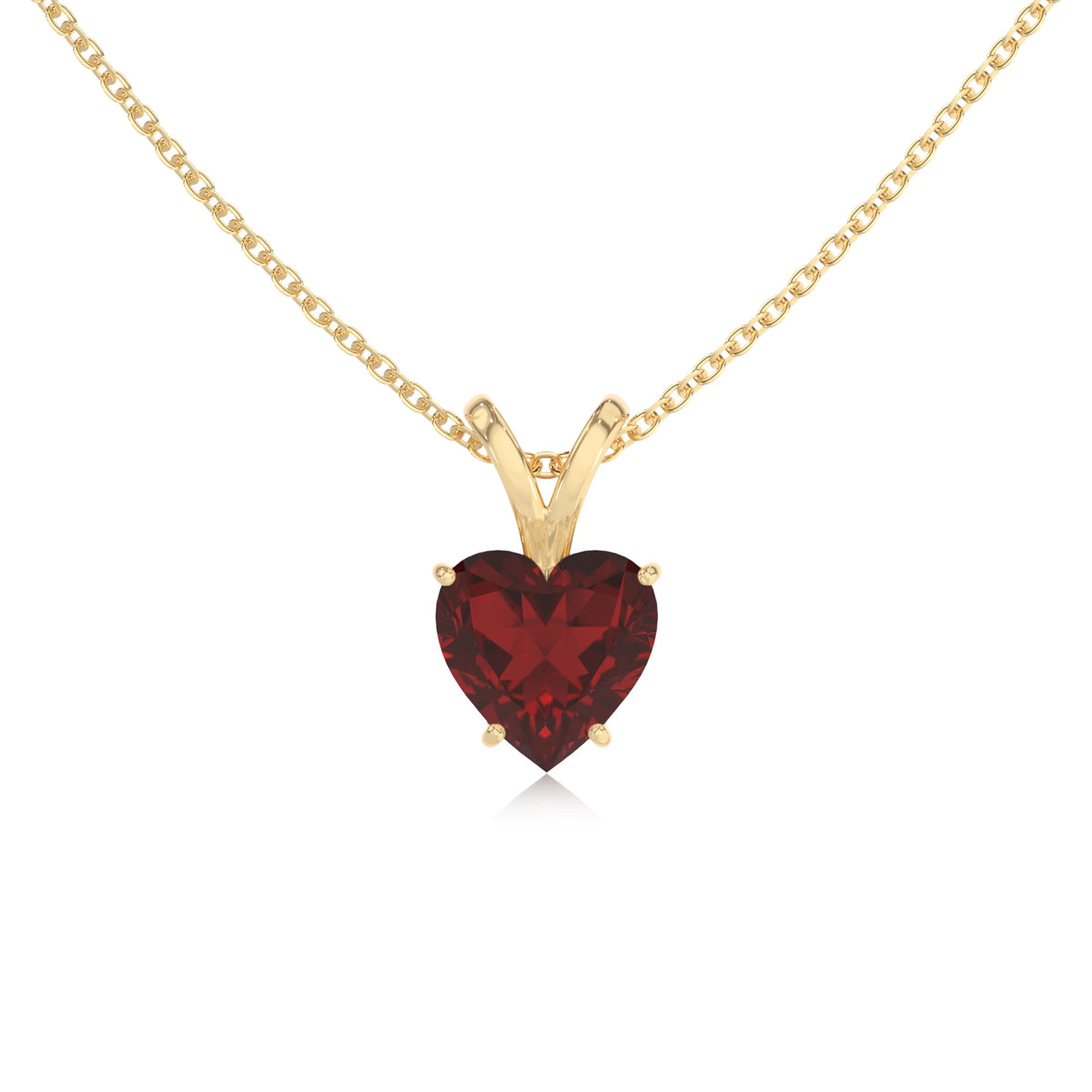 natural garnet heart solitaire v-bale necklaces in yellow gold 