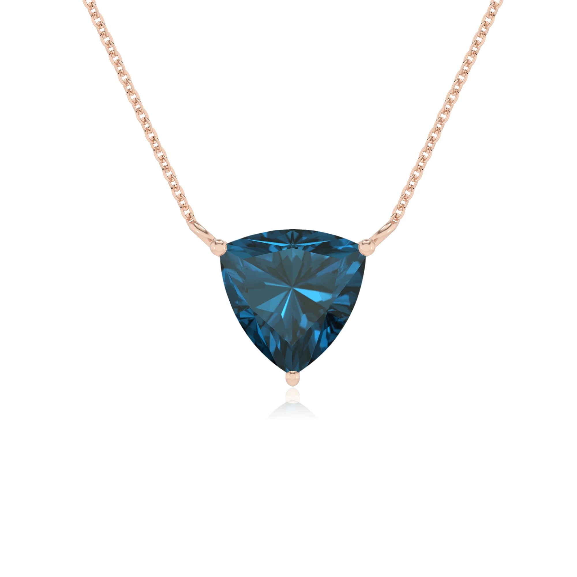 natural london-blue-topaz trillion solitaire necklaces in rose gold 