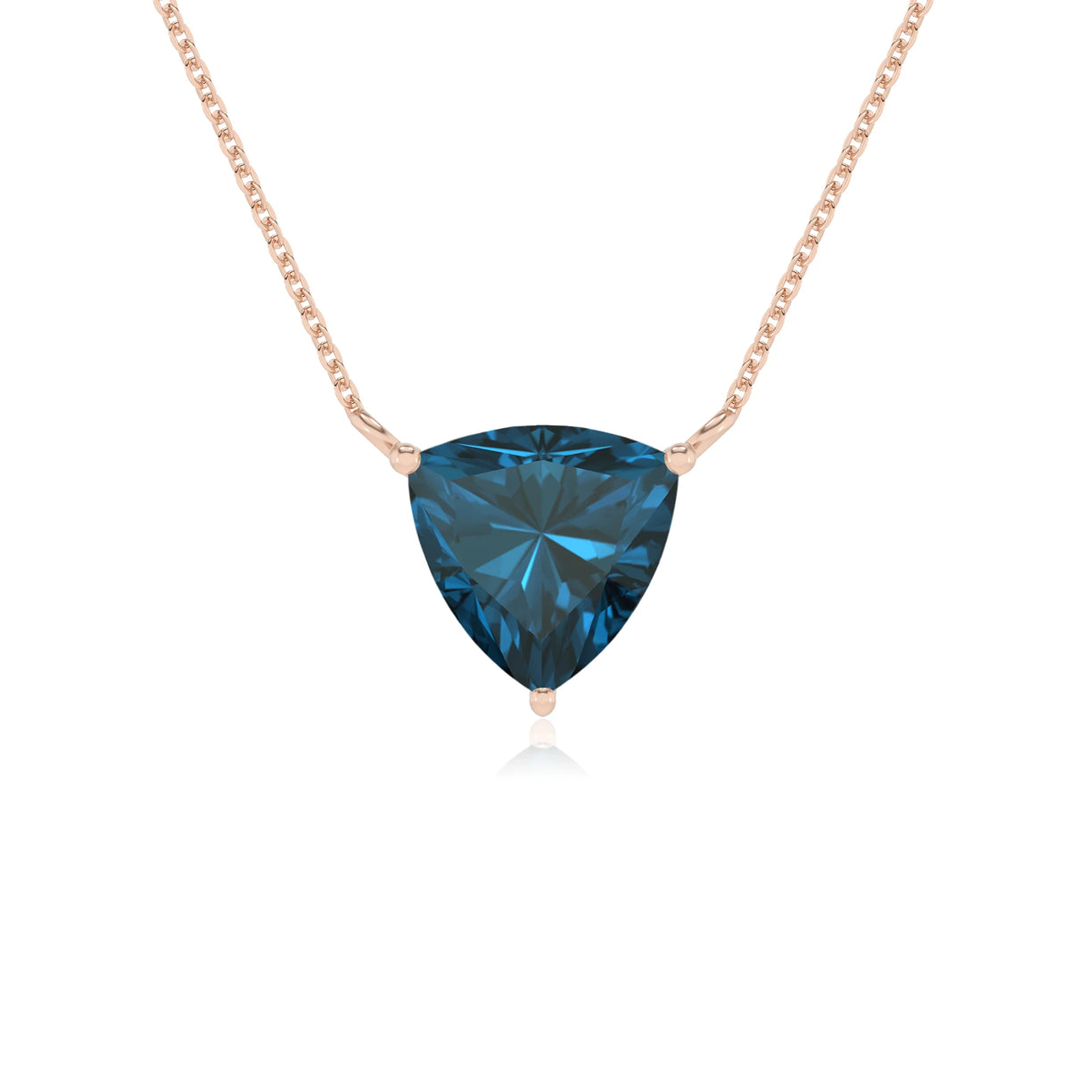 natural london-blue-topaz trillion solitaire necklaces in rose gold 