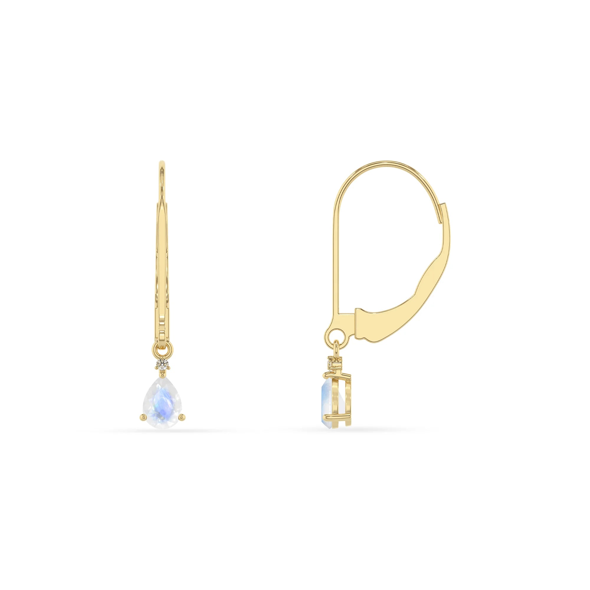 natural rainbow moonstone pear drop earrings in yellow gold 