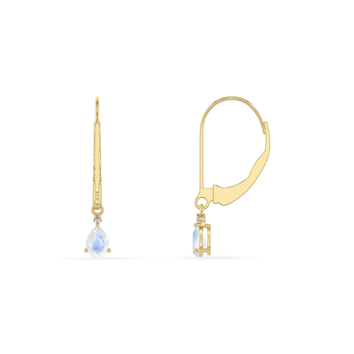 natural rainbow moonstone pear drop earrings in yellow gold 