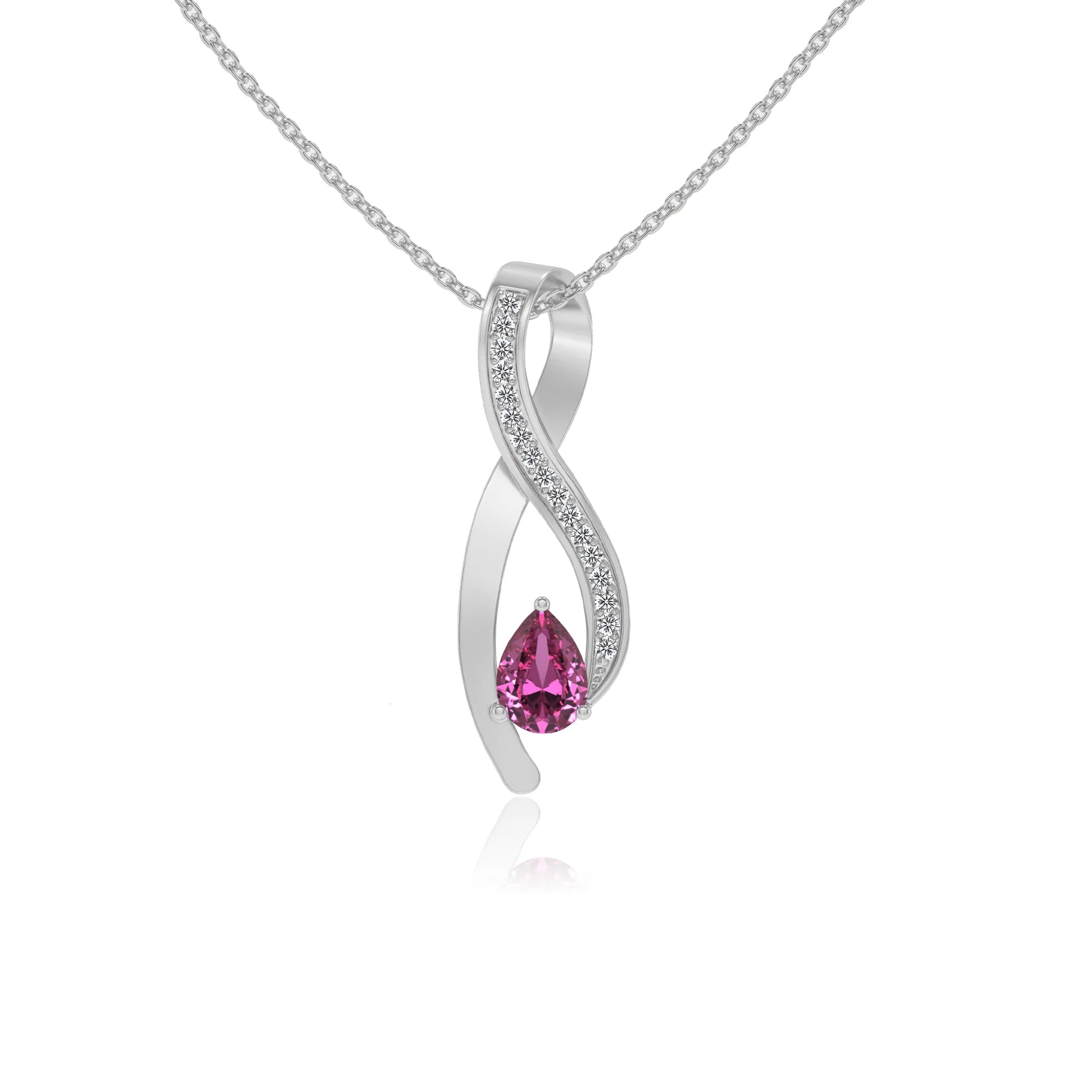 lab grown pink-sapphire pear solitaire necklaces in white gold 