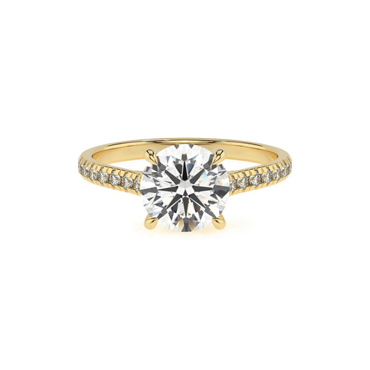 lab grown moissanite round half eternity solitaire engagement rings in yellow gold 