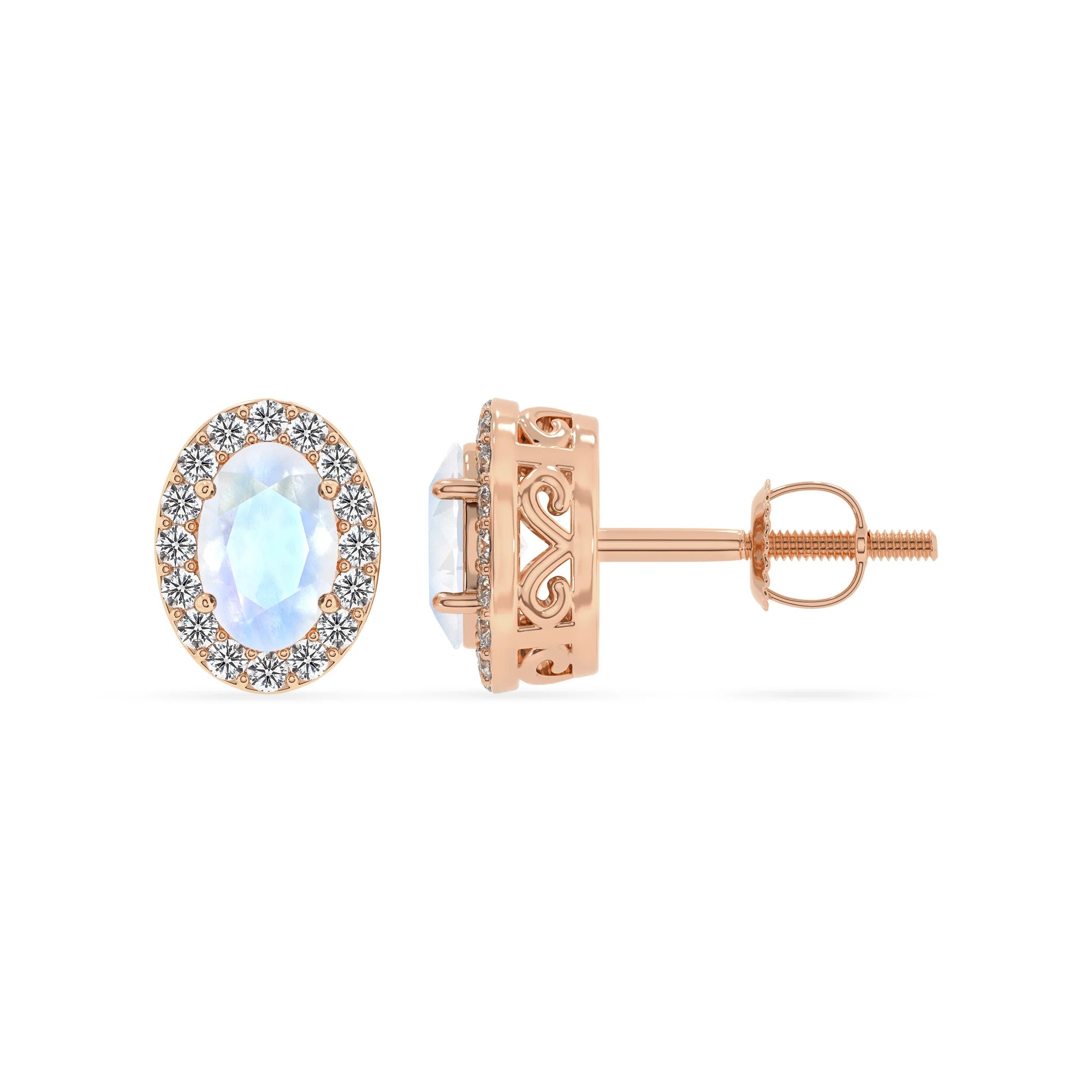 natural rainbow moonstone oval stud earrings in rose gold 