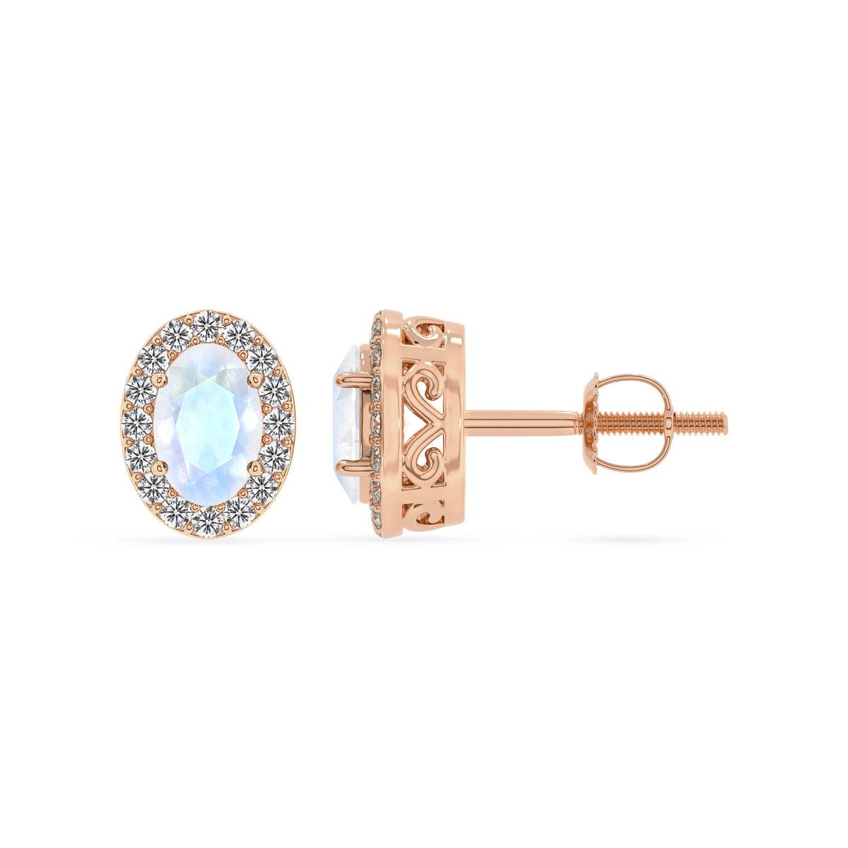 natural rainbow moonstone oval stud earrings in rose gold 