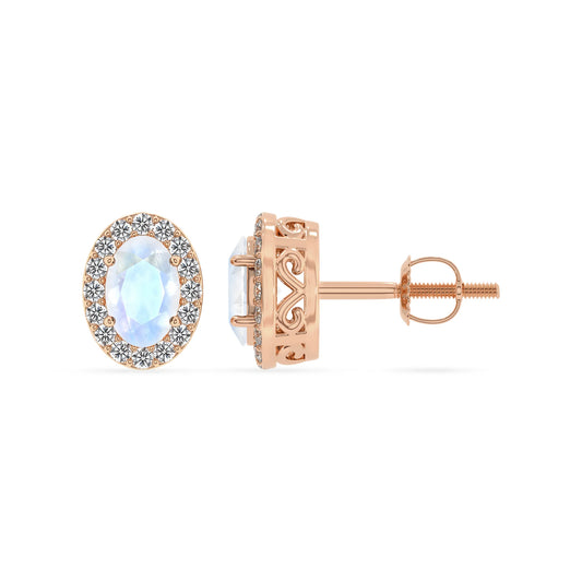 natural rainbow moonstone oval stud earrings in rose gold 