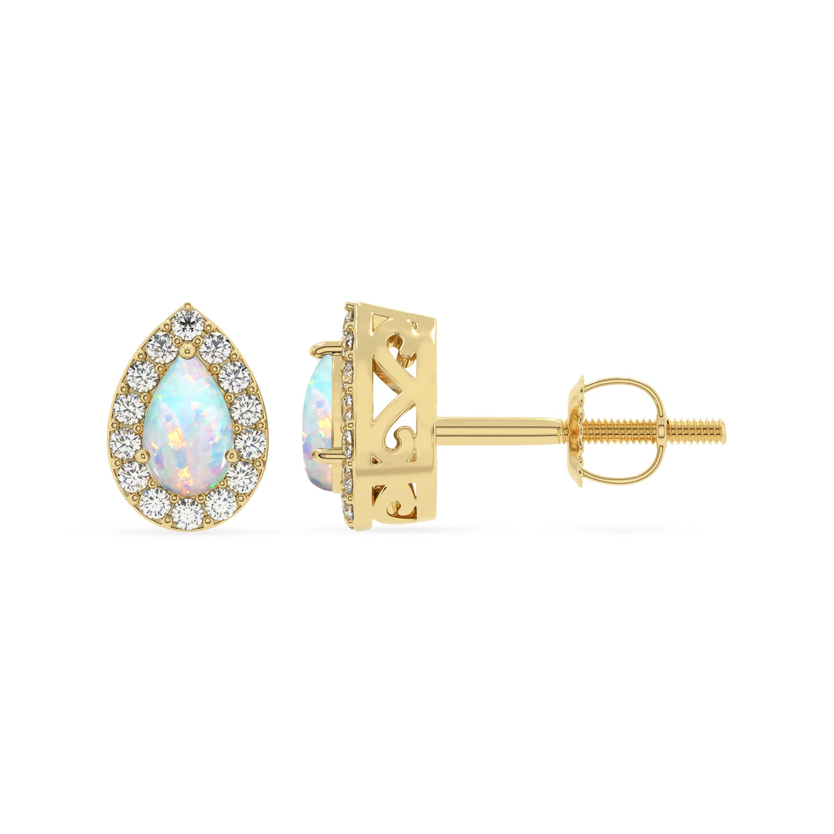 lab grown opal pear stud earrings in yellow gold 