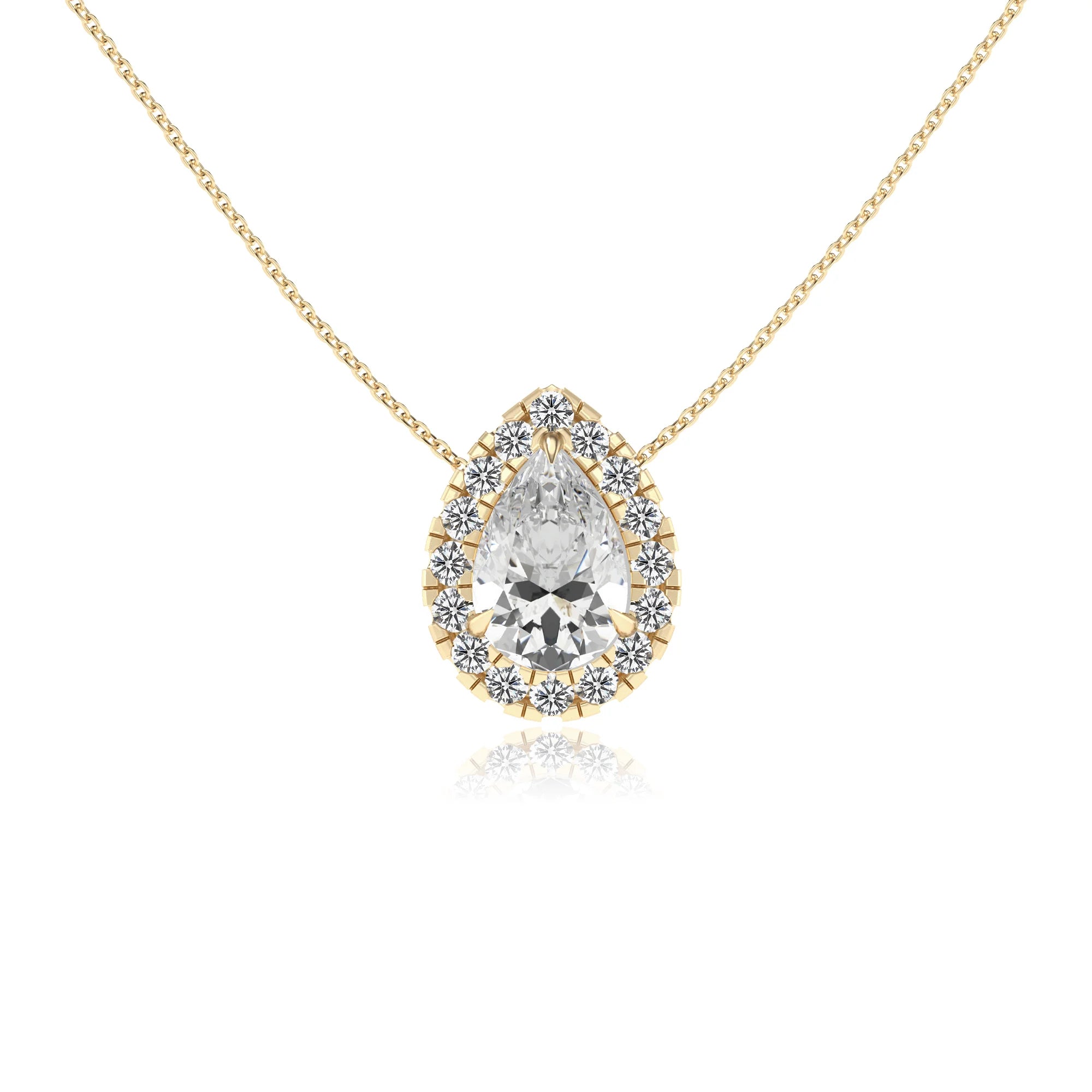 lab grown moissanite pear solitaire necklaces in yellow gold 
