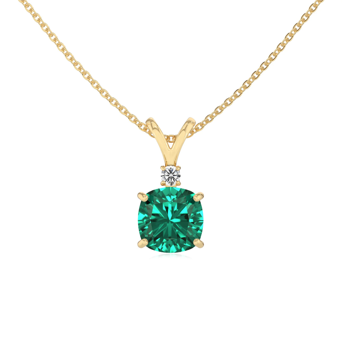 lab grown emerald cushion solitaire v-bale necklaces in yellow gold 