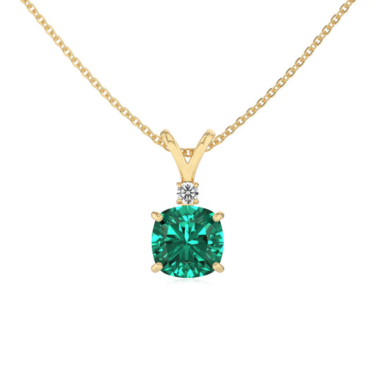 lab grown emerald cushion solitaire v-bale necklaces in yellow gold 