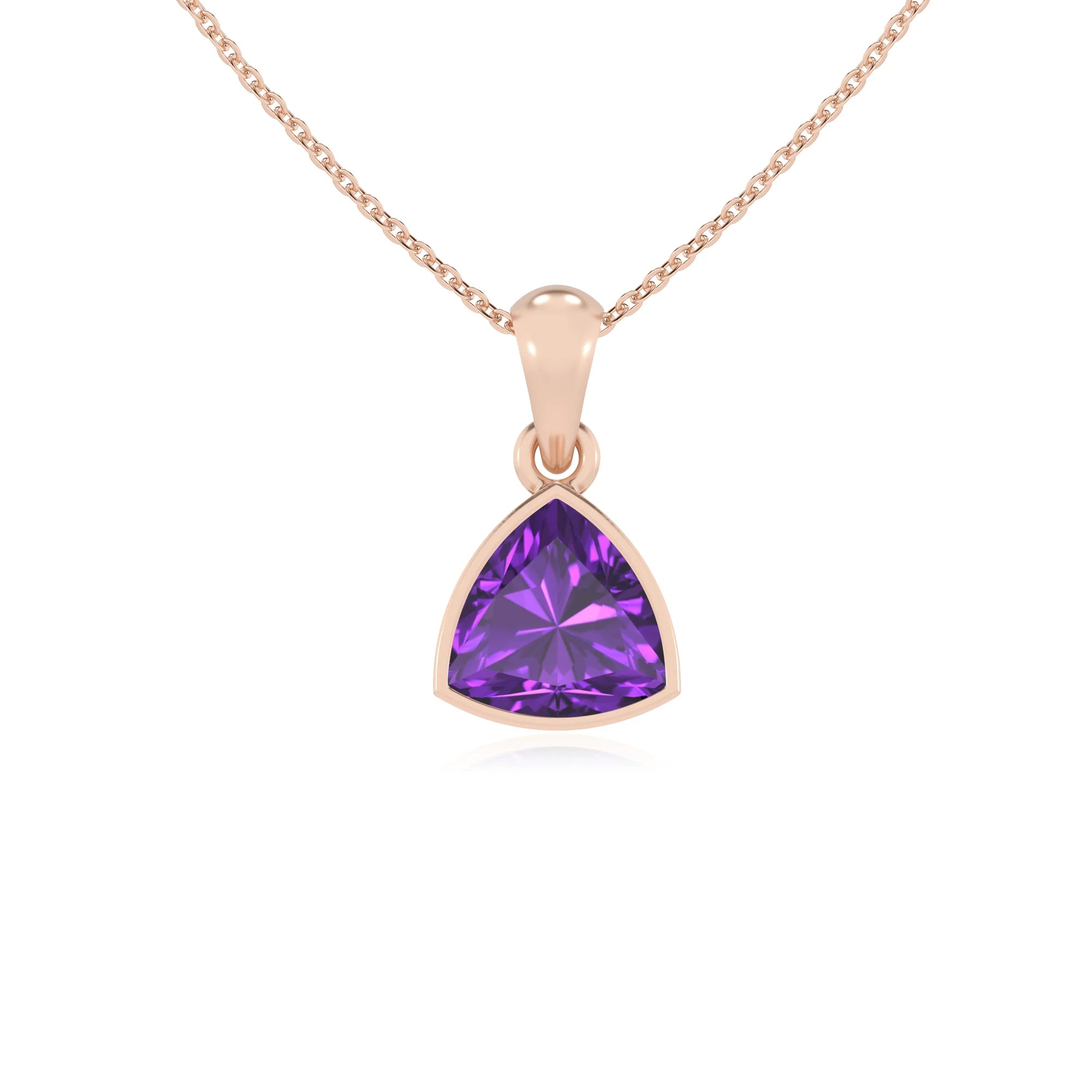 lab grown amethyst trillion solitaire necklaces in rose gold 