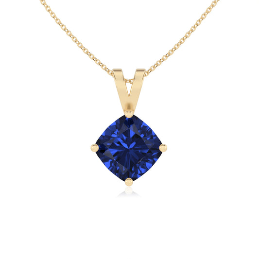 lab grown blue-sapphire cushion solitaire v-bale necklaces in yellow gold 