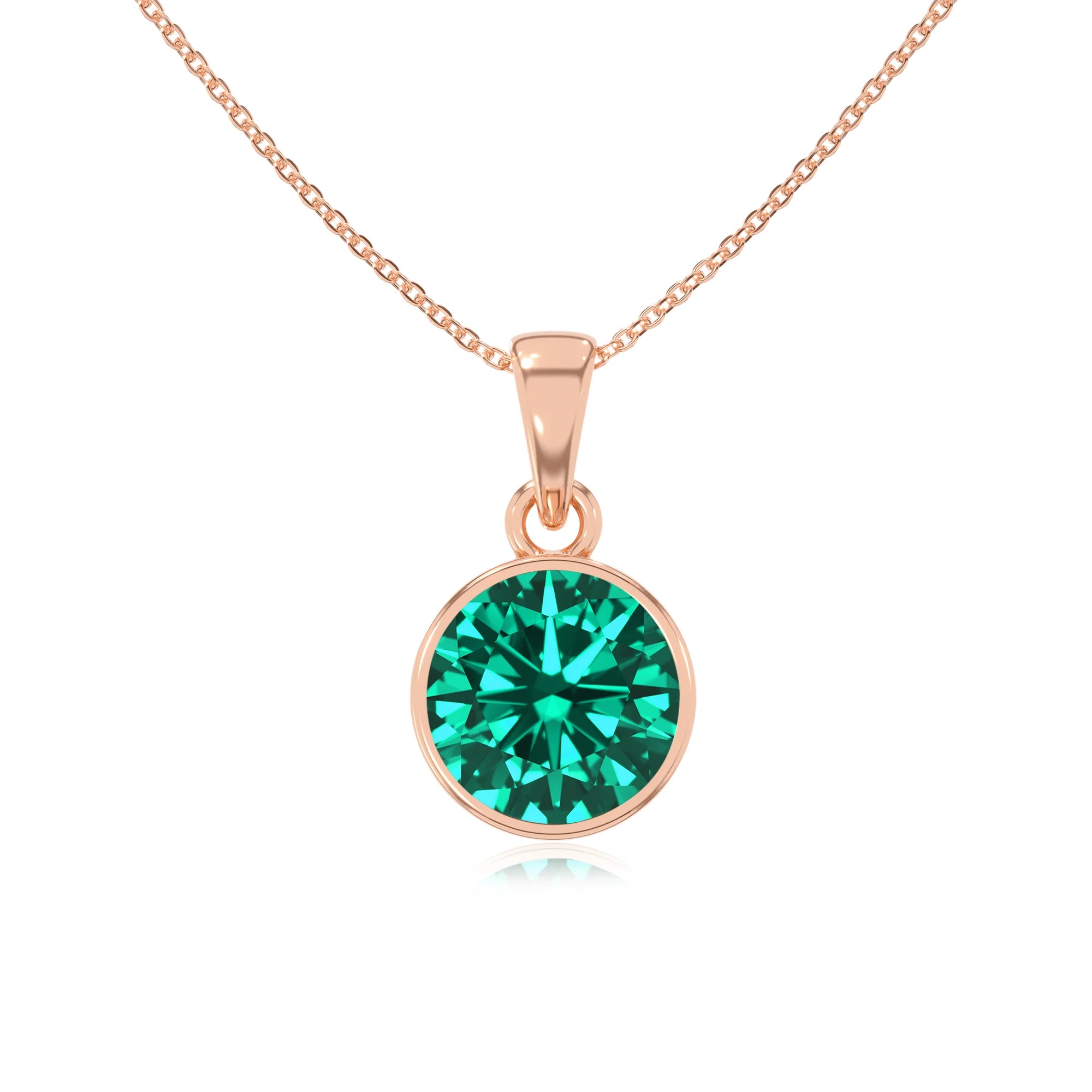 lab grown emerald round solitaire necklaces in rose gold 
