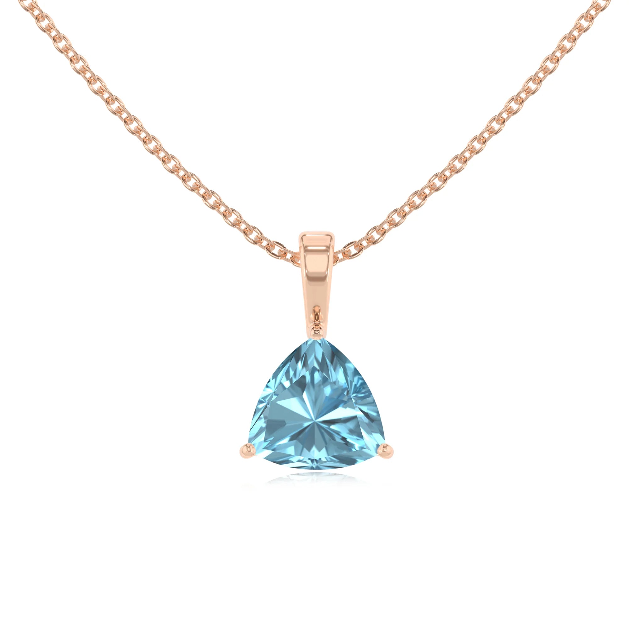 lab grown aquamarine trillion solitaire necklaces in rose gold 