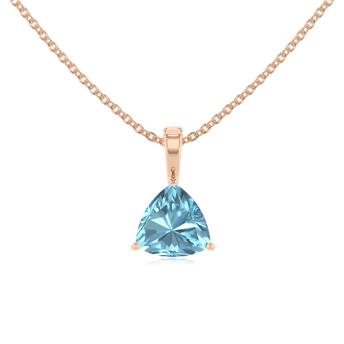 lab grown aquamarine trillion solitaire necklaces in rose gold 