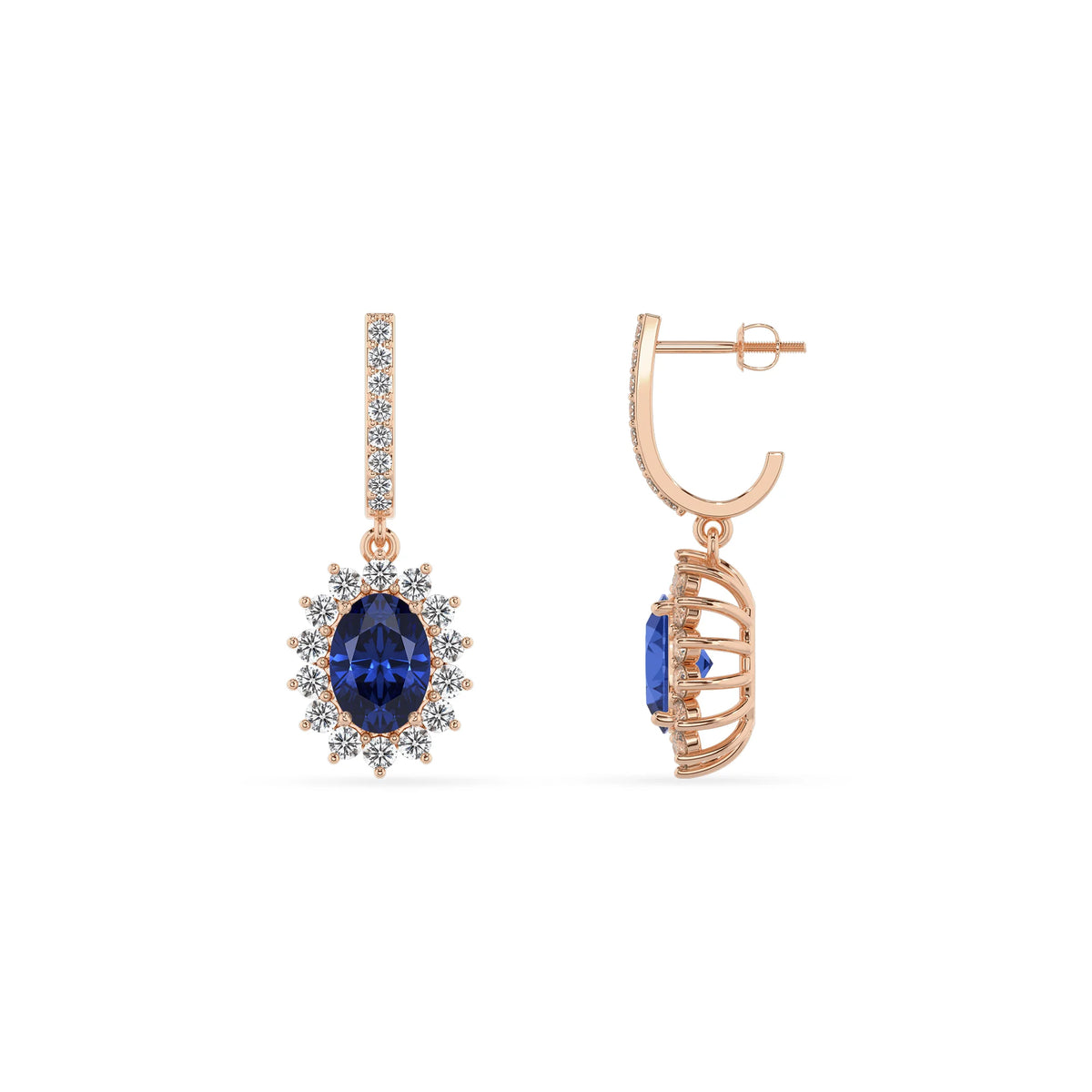 lab grown blue sapphire oval drop earrings in rose gold 