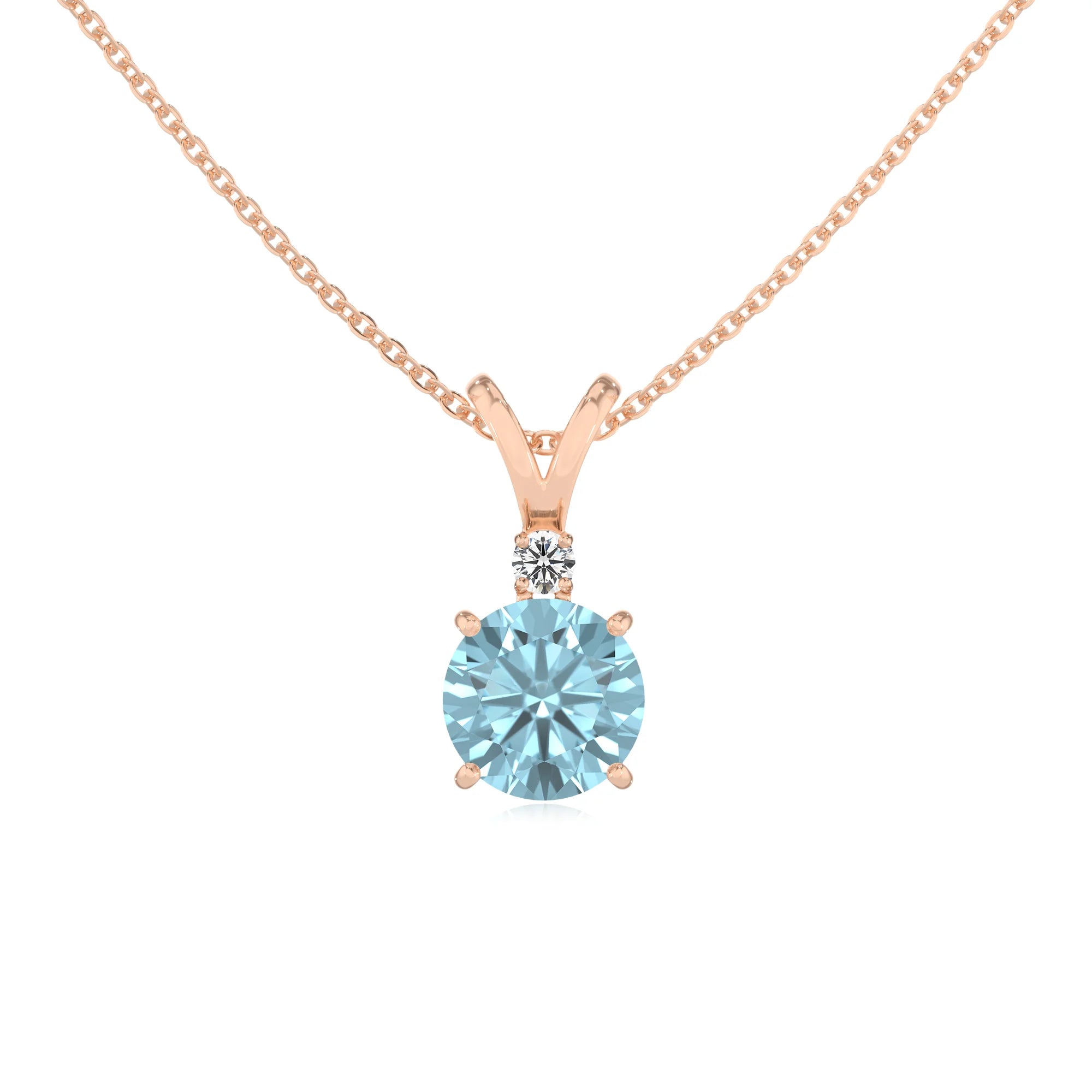 lab grown aquamarine round solitaire v-bale necklaces in rose gold 