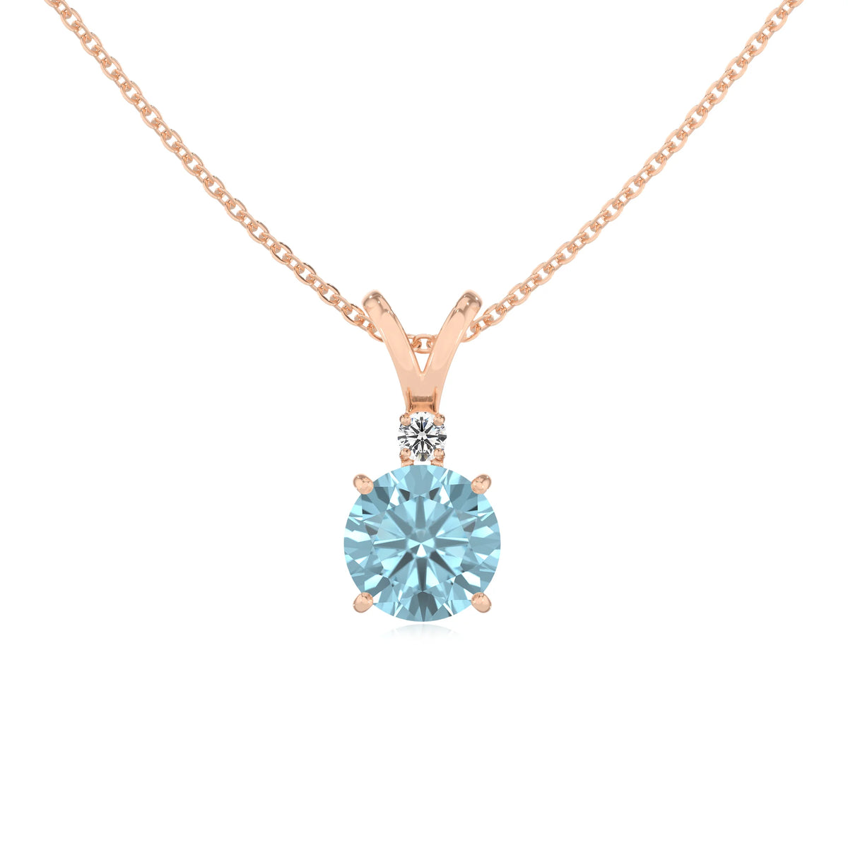 lab grown aquamarine round solitaire v-bale necklaces in rose gold 