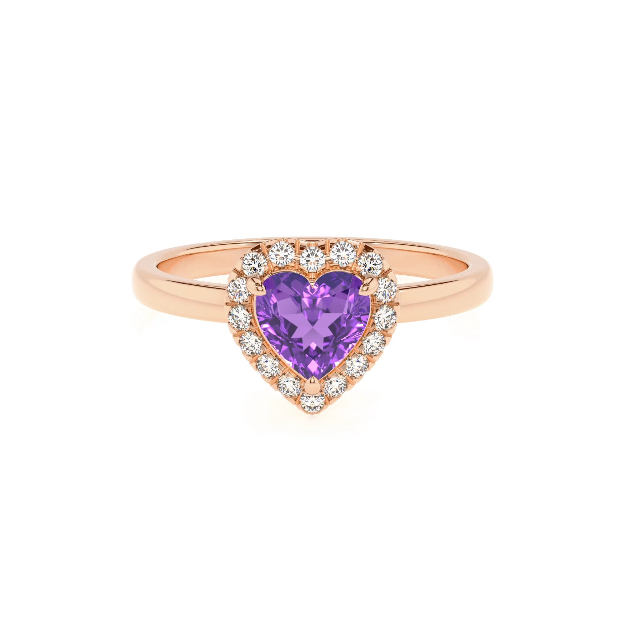 lab grown amethyst heart solitaire rings in rose gold 