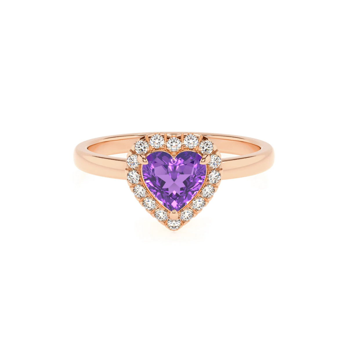 lab grown amethyst heart solitaire rings in rose gold 