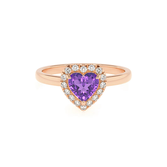 lab grown amethyst heart solitaire rings in rose gold 
