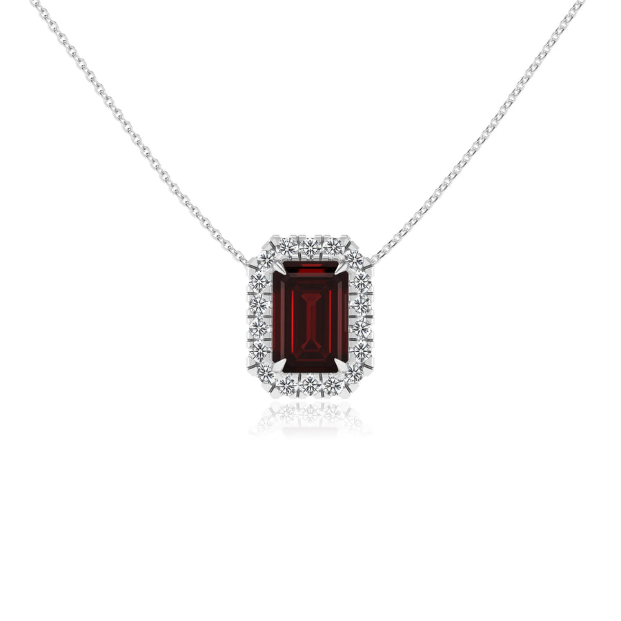 natural garnet emerald cut solitaire necklaces in platinum 