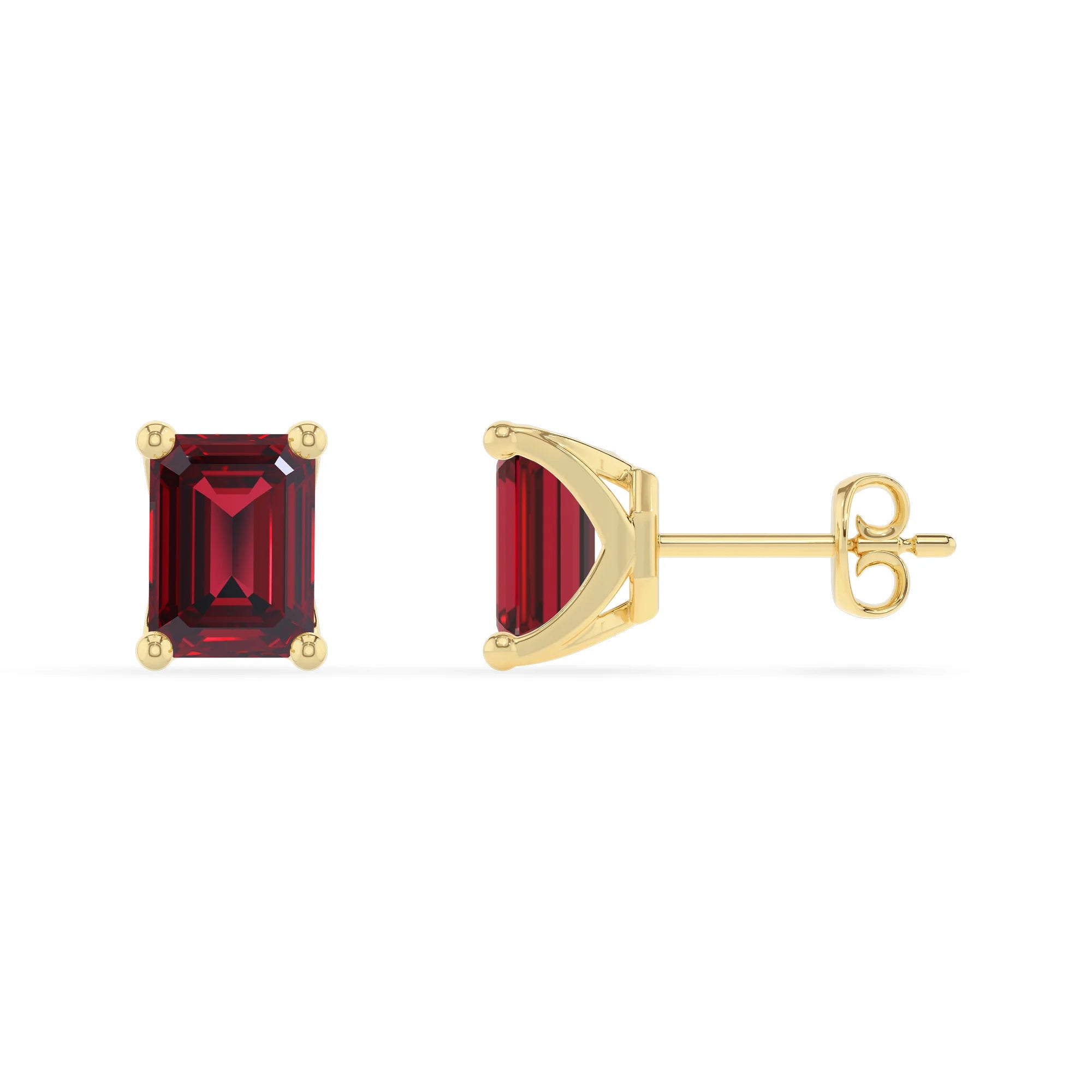 lab grown ruby emerald cut stud earrings in yellow gold 
