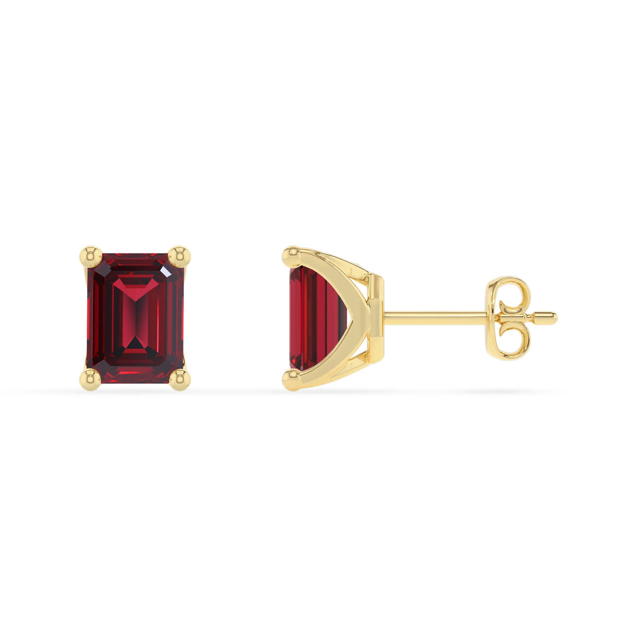 lab grown ruby emerald cut stud earrings in yellow gold 