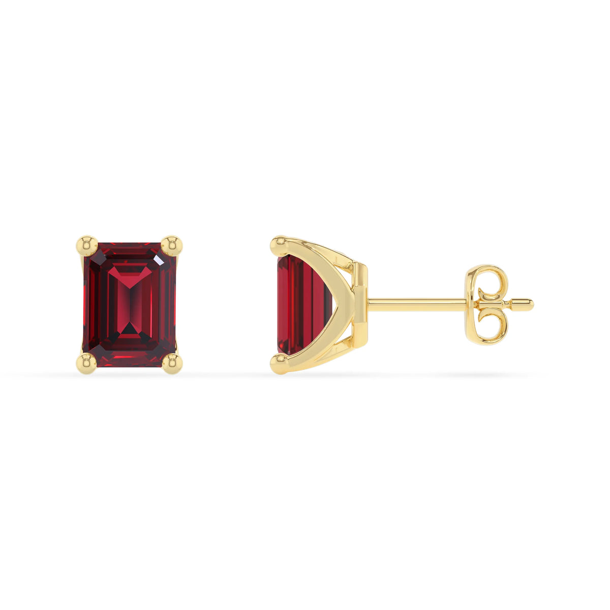lab grown ruby emerald cut stud earrings in yellow gold 