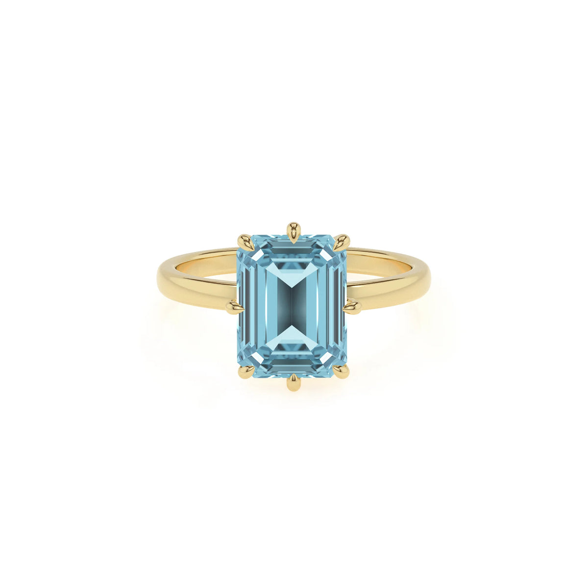 lab grown aquamarine emerald cut solitaire rings in yellow gold 
