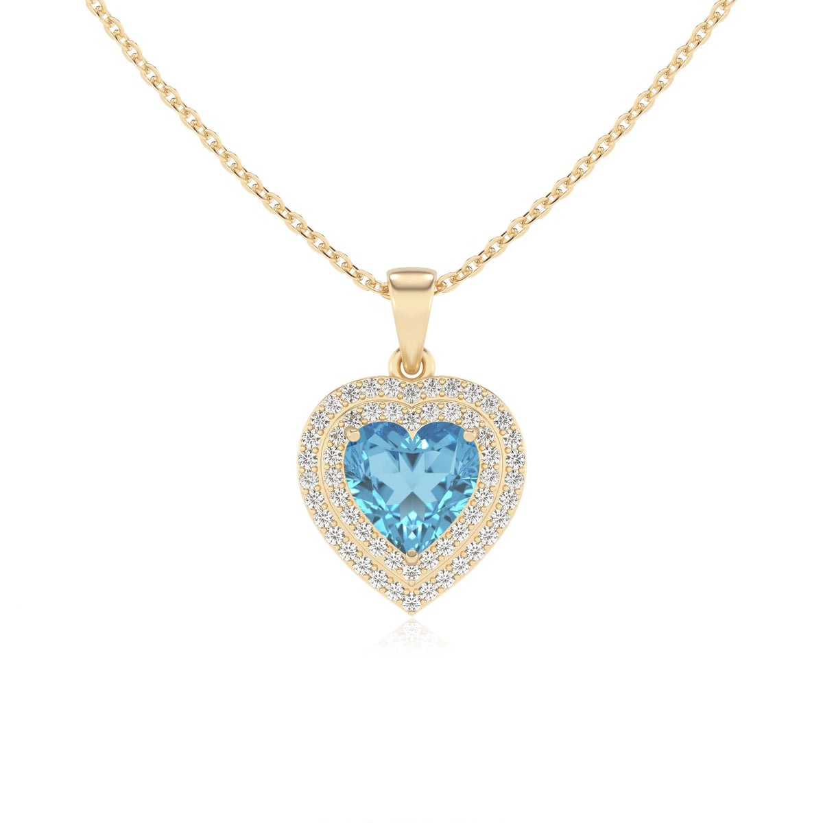 natural swiss blue topaz heart halo necklaces in yellow gold 