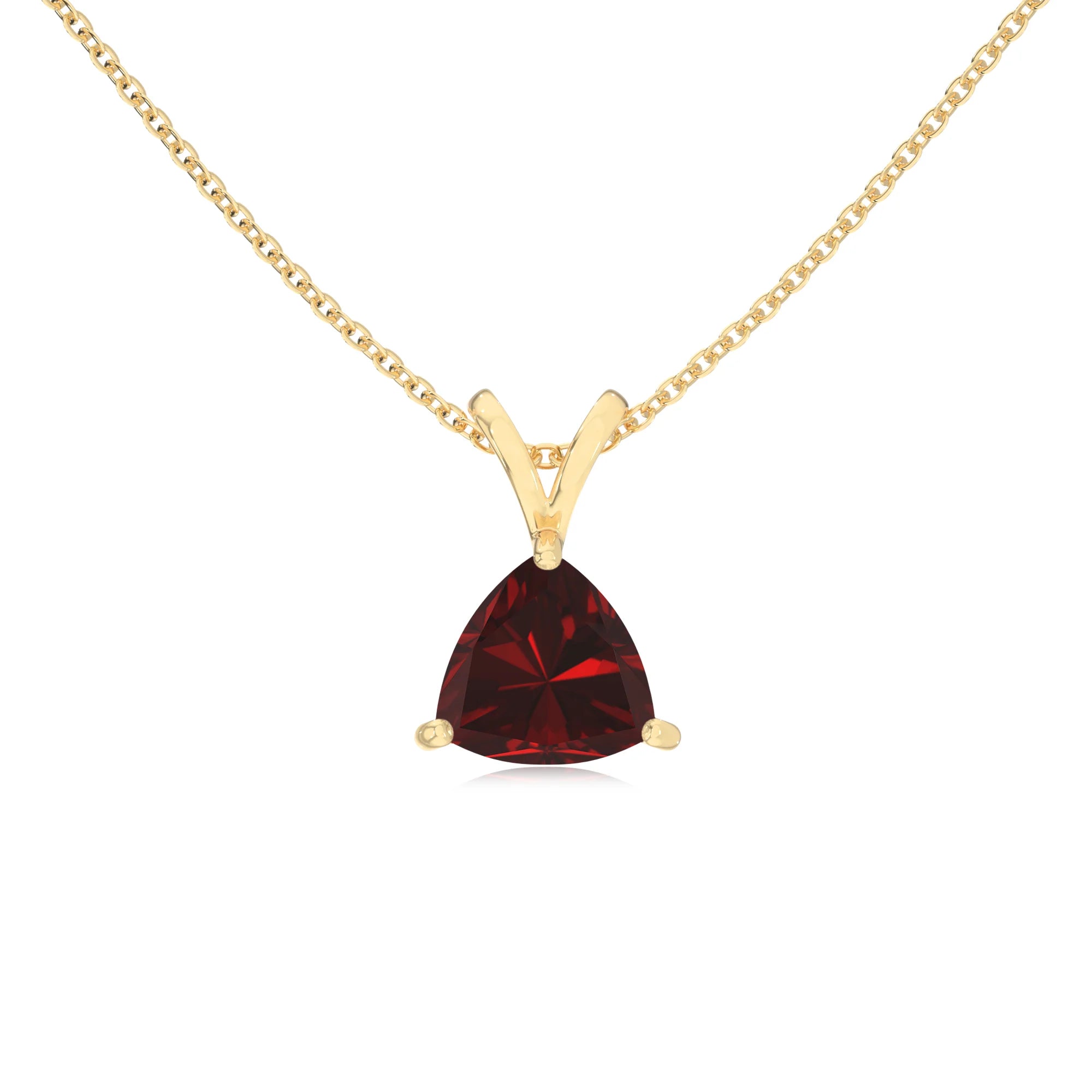 natural garnet trillion solitaire v-bale necklaces in yellow gold 