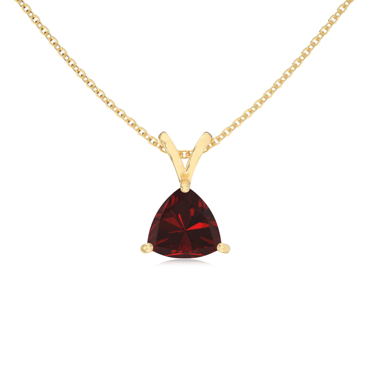 natural garnet trillion solitaire v-bale necklaces in yellow gold 