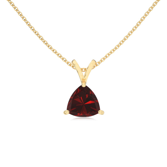 natural garnet trillion solitaire v-bale necklaces in yellow gold 