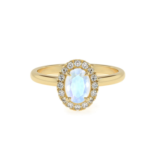 natural rainbow-moonstone oval solitaire rings in yellow gold 