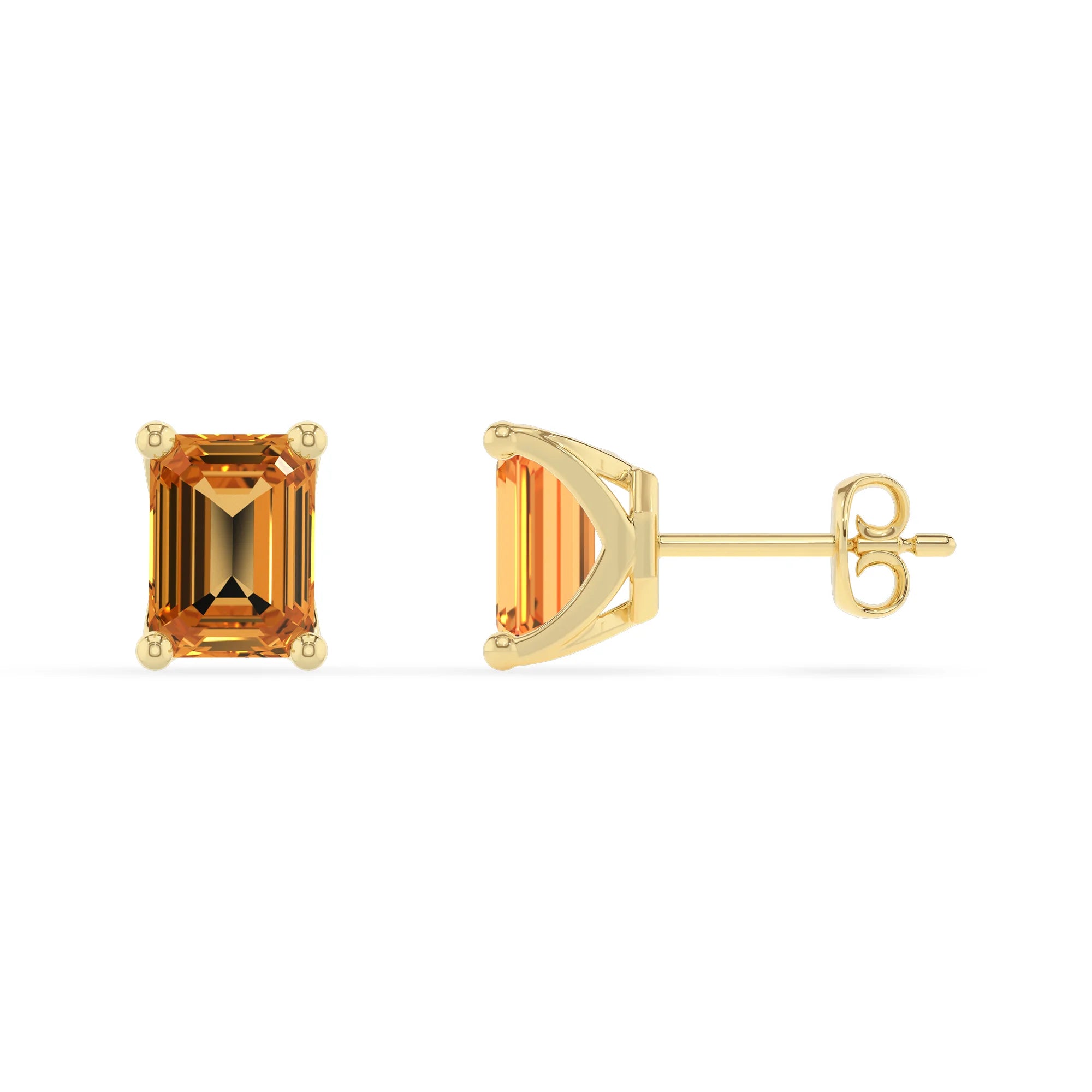 lab grown citrine emerald cut stud earrings in yellow gold 