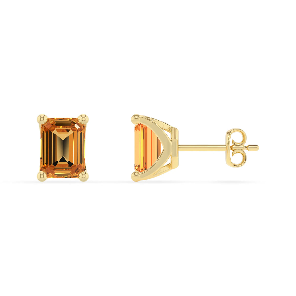 lab grown citrine emerald cut stud earrings in yellow gold 