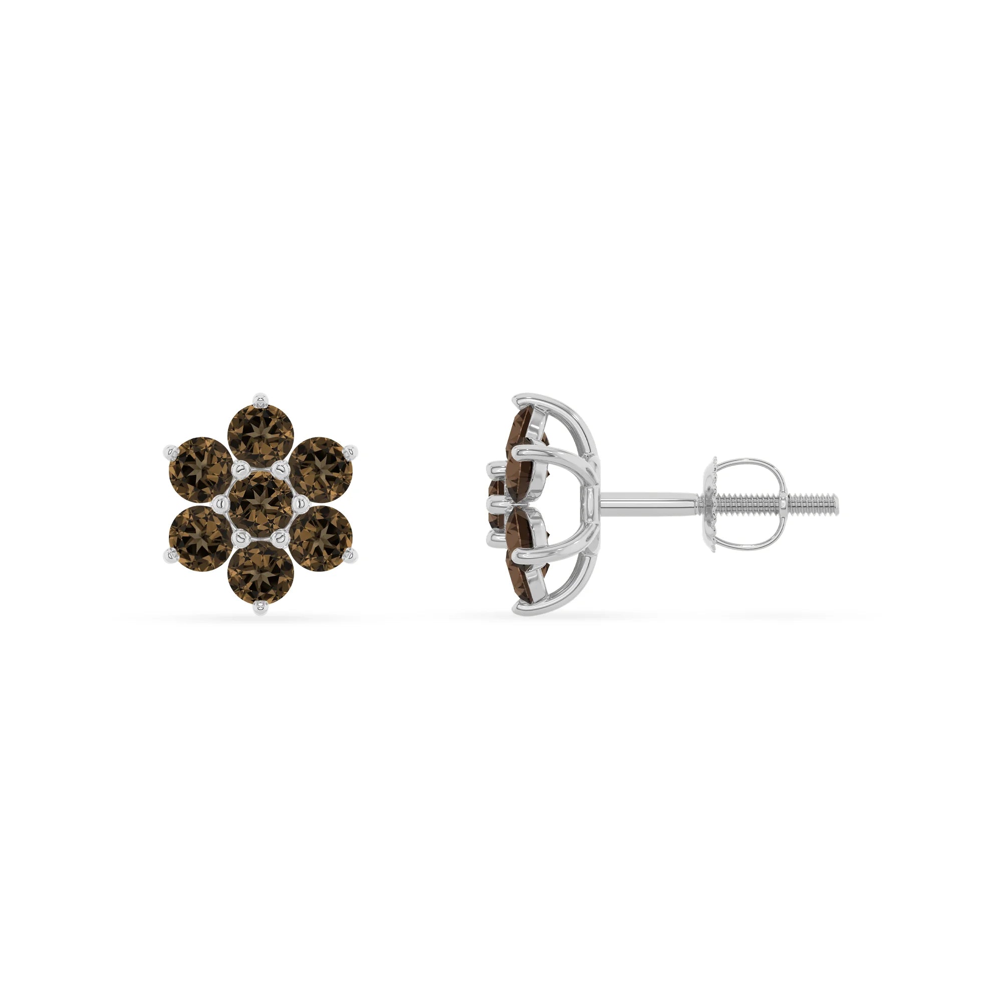 natural smoky quartz round stud earrings in white gold 