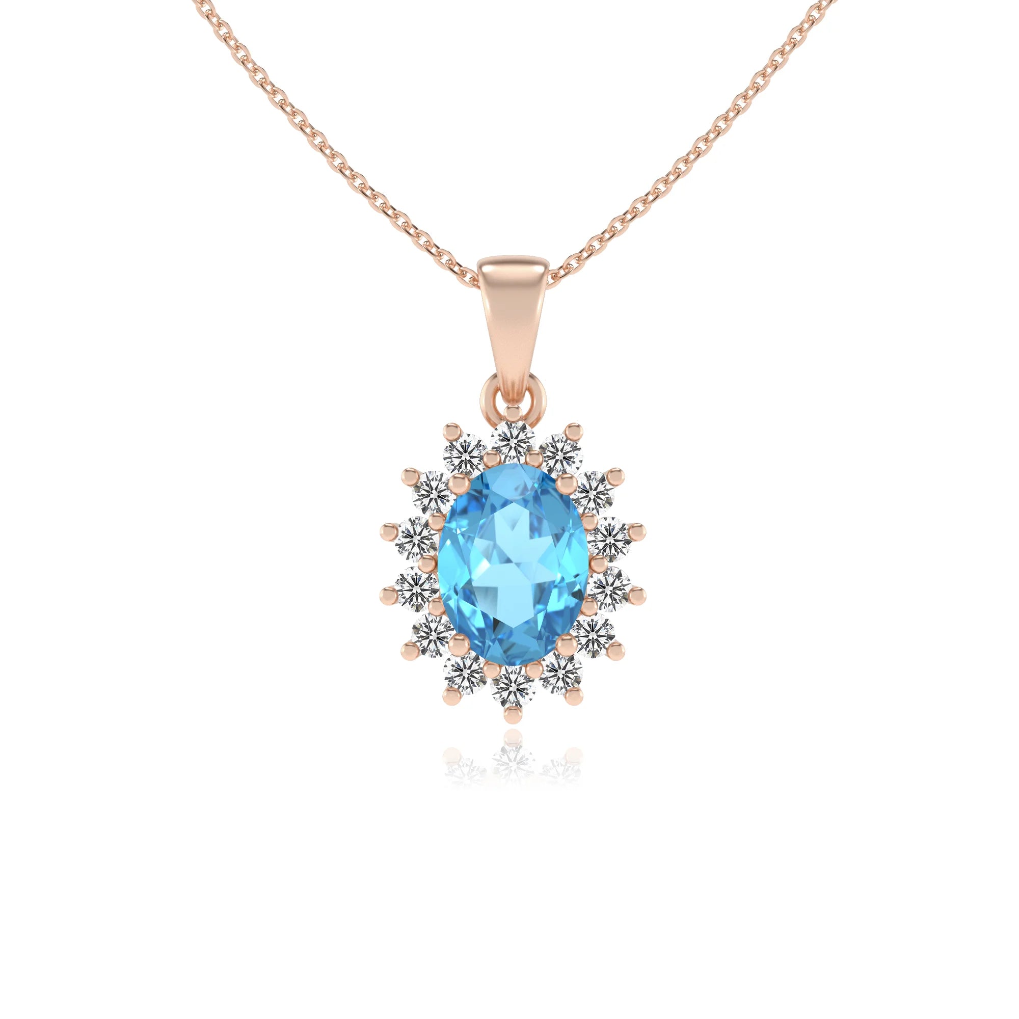 natural swiss-blue-topaz oval halo necklaces in rose gold 